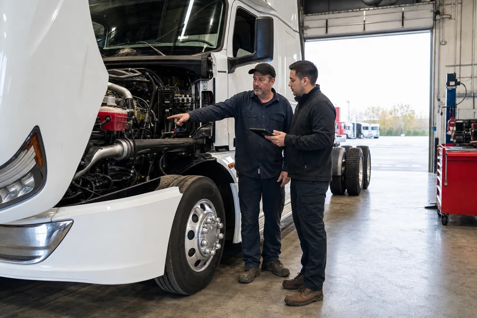 Wosoba Trucking El Dorado Springs technician and buyer inspecting a truck engine